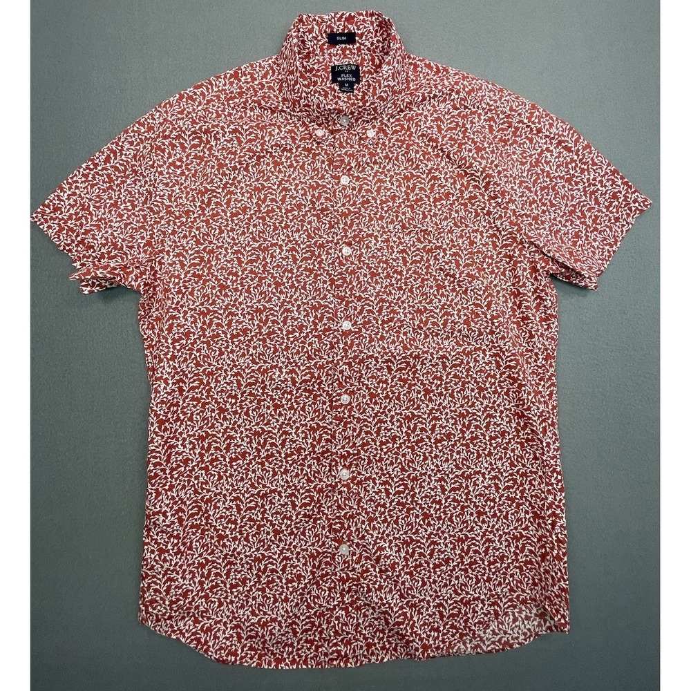 J Crew Shirt Mens Medium Orange Red Floral Flex Washed Hawaiian Button Down